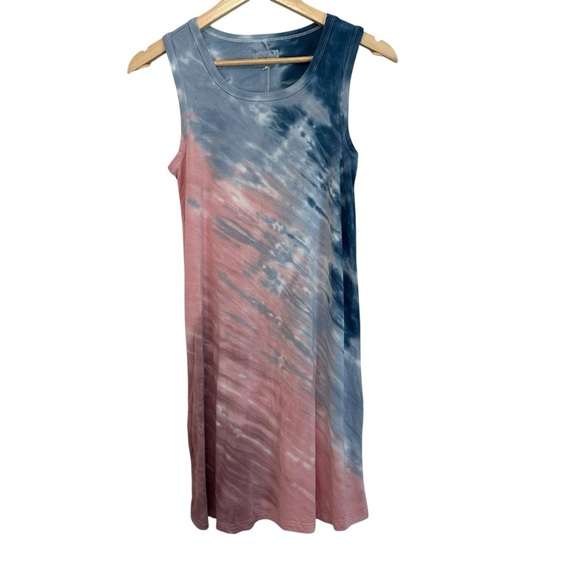Women's Small Tie Dye Soft Stretchy Casual Vacation Beachy Blue Pink Shirt Dress - Picture 1 of 5